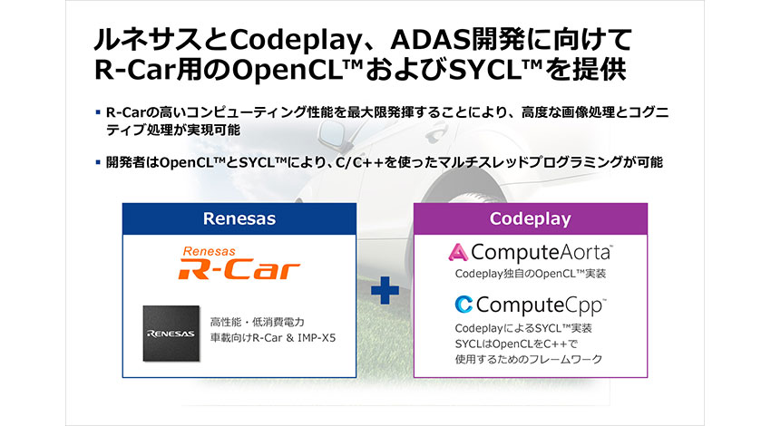 ルネサスとCodeplay、ADAS開発に向けてR-Car用のOpenCLおよびSYCLを共同開発