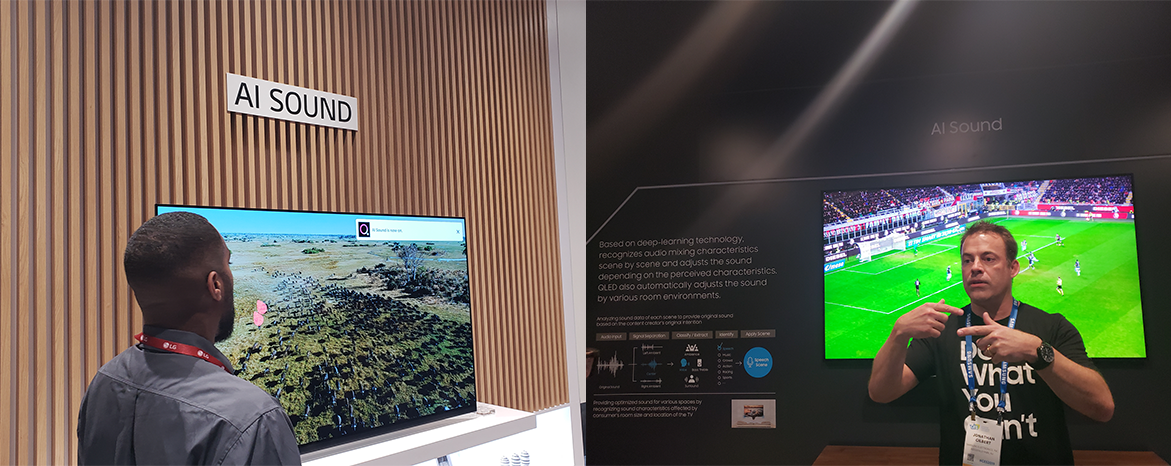 左がLGで右がSamsung。どちらも「AI Sound」という性能をアピール