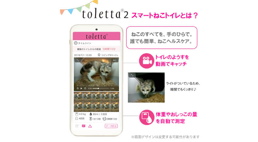 ハチたまのスマートねこトイレ「toletta」、ねこを識別する動画AIや尿測定などの新機能追加