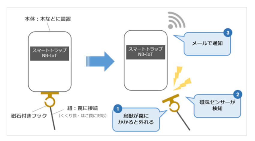 ソフトバンクとhuntech、NB-IoTを活用した鳥獣罠センサーを開発して伊那市で鳥獣被害の軽減に向けた実証事業を開始