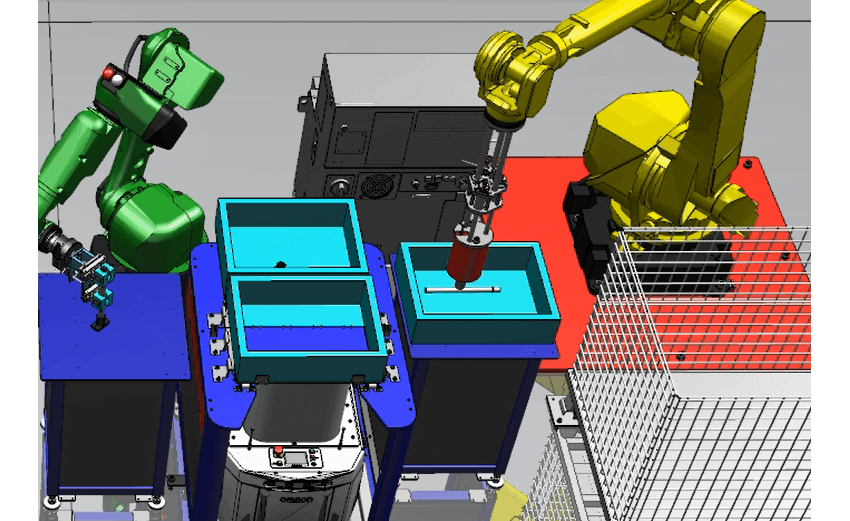 「ロボット型デジタルジョブショップ」において、各設備の稼働シミュレーションを行うデモンストレーションの画面