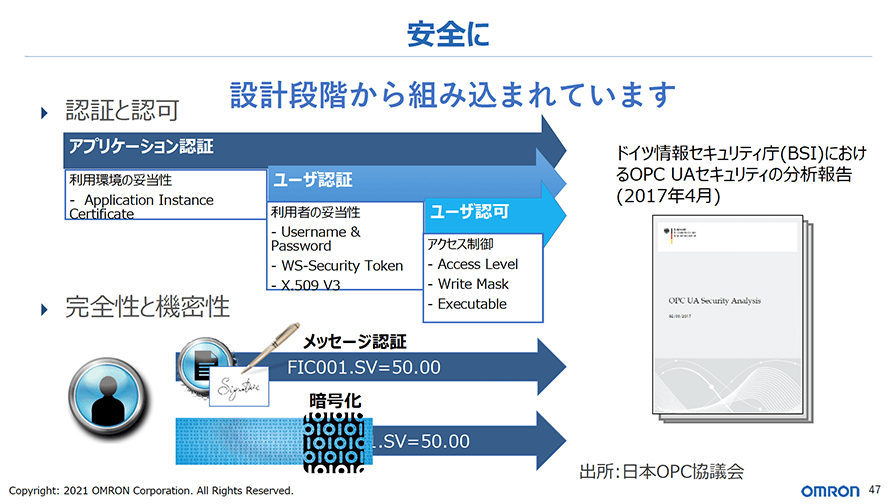 OPC UAには、セキュリティ対策が設計段階から組み込まれている。