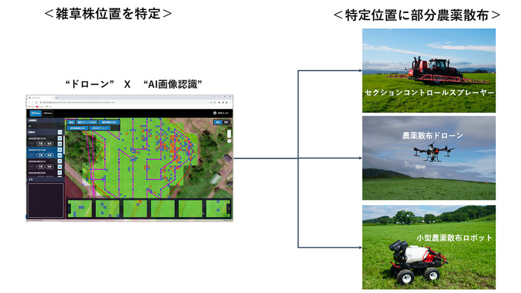 NTT Com他、ドローン空撮とAI画像認識で検知した牧草地の雑草をピンポイント除草する実証実験を開始